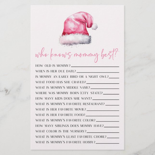 Pink Santa Who Knows Mommy Baby Shower Game Stationery (Front)