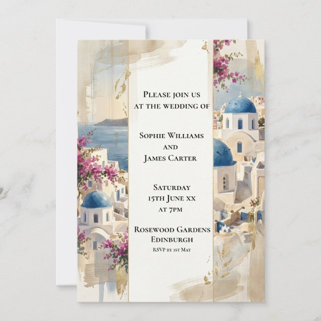 Pink Santorini Floral Wedding Invitation (Front)