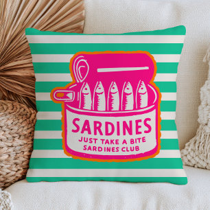 Pink Sardines Can on Green Stripes BOHO Coastal Throw Pillow
