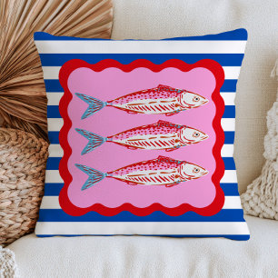 Pink Sardines on Blue Stripes Bold Nautical Throw Pillow
