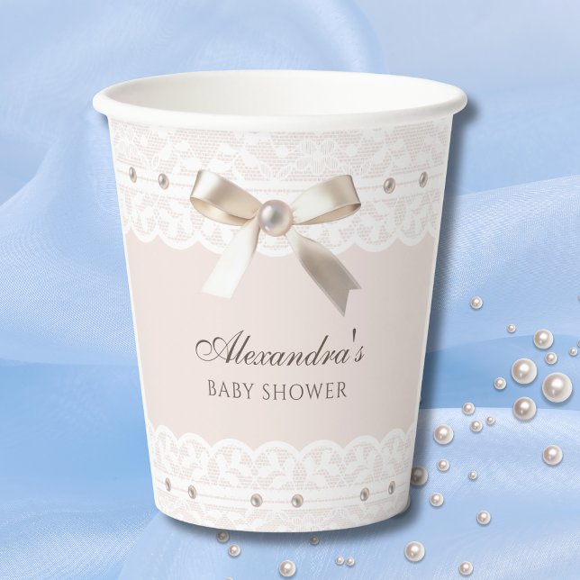 Pink Satin Bow Regency White Lace Baby Shower Paper Cups (Creator Uploaded)