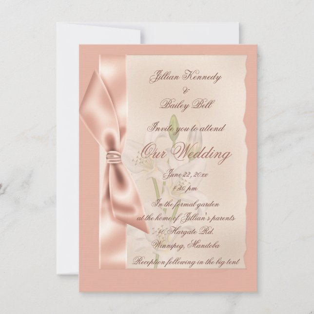 Pink Satin Ribbon Formal Wedding Invitation (Front)