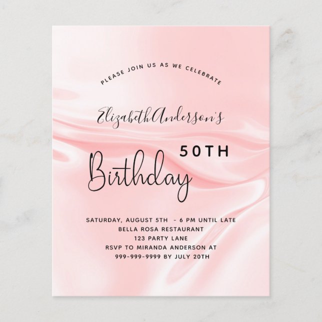 Pink satin silk birthday budget invitation (Front)