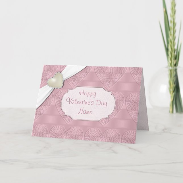 Pink Satin Valentine Heart Greeting Card (Front)