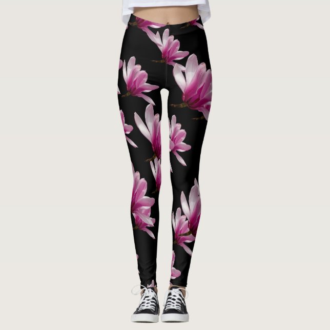 Pink Saucer Magnolia Blossoms Leggings (Front)