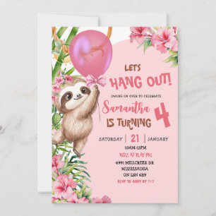 Pink Savannah Sloth Let's Hang Out Birthday Invitation