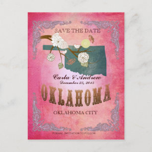 Pink Save The Date -Oklahoma Map With Lovely Birds Announcement Postcard
