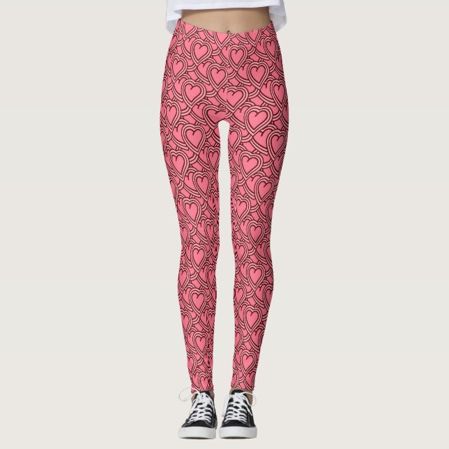 Pink Scalloped Outlined Hearts Repeat Leggings (Front)