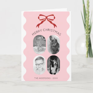 Pink Scalloped Red Bow Christmas Photo Collage Card