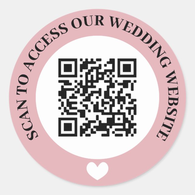Pink Scan To Access Wedding Website Heart QR Code Classic Round Sticker (Front)