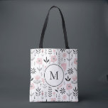 Pink Scandinavian Floral Pattern Monogram Tote Bag<br><div class="desc">Scandinavian-inspired monogram tote bag featuring black and pink floral pattern.  Personalize by adding your monogram. This floral bag is perfect for as a personalized gift. Matching items are available.</div>