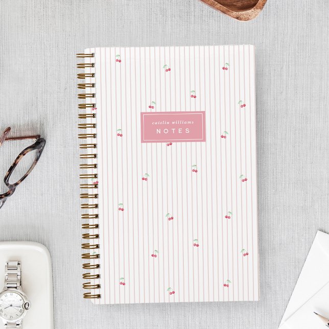 Pink | Scattered Cherry Pinstripe Personalized Notebook (Creator Uploaded)