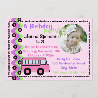 Pink School Bus Wheels with Photo Invitation