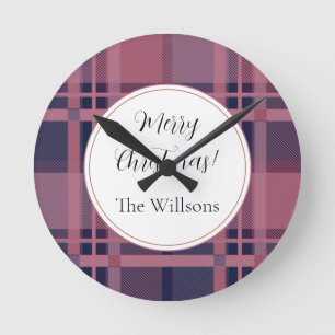 Pink Scottish Lady Tartan Pattern Merry Christmas Round Clock