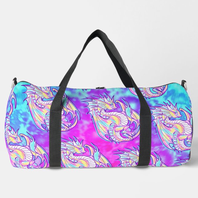 Pink Scribble Cute Girly Dragon Wyvern Inugami Duffle Bag (Front)