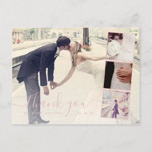 Pink Script 4 Photo Collage Wedding Thank You Postcard