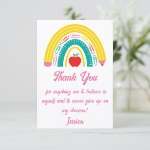 Pink Script, Cute Rainbow Teacher Appreciation  Thank You Card