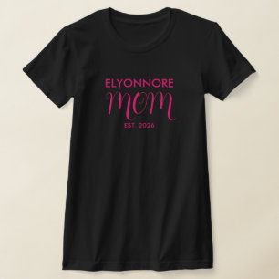 Pink Script Established Mom White Custom Name T-Shirt
