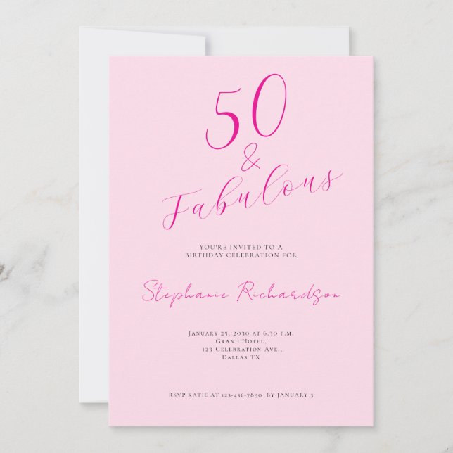 Pink Script Fifty and Fabulous 50th Birthday Party Invitation (Front)