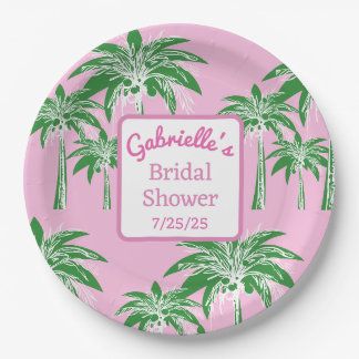 Pink Script Green Palm Tree Bridal Shower Custom Paper Plate