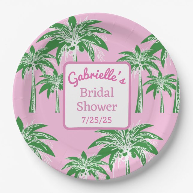 Pink Script Green Palm Tree Bridal Shower Custom Paper Plate (Front)