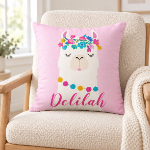 Pink Script Llama Monogram Nursery Throw Pillow