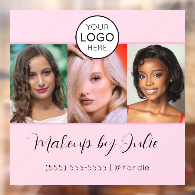 Pink Script Logo and Three Photo Makeup Studio Window Cling (Sheet 2)