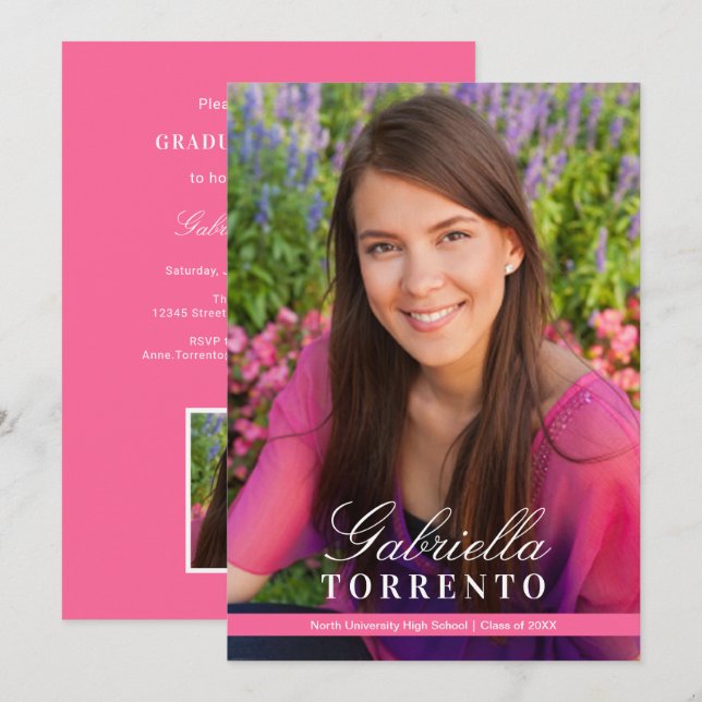 Pink Script Name Photo Graduation Party Invitation (Front/Back)