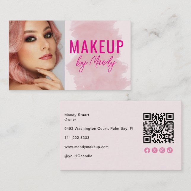 Pink Script Social Icon QR Code Photo Makeup  Business Card (Front/Back)