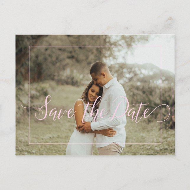 Pink script spring floral photo save date wedding announcement postcard (Front)