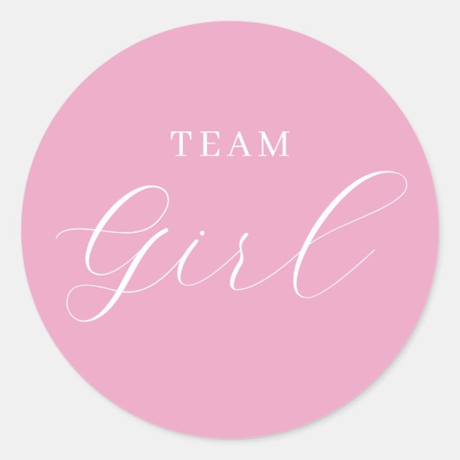 Pink Script Team Girl Gender Reveal  Classic Round Sticker (Front)