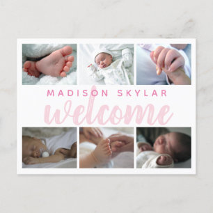 Pink Script Typography Welcome 6 Photo Collage Announcement Postcard