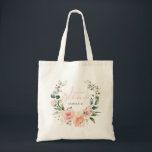 Pink Script Watercolor Floral Wreath Jr Bridesmaid Tote Bag<br><div class="desc">A pretty, modern floral Junior Bridesmaid design. The watercolor wreath of pink, peach and eucalyptus greenery features the title "Junior Bridesmaid" in the centre, in hand lettered pink script typography, and it is personalized with the bridesmaid's name below. This is part of a collection of Bridal Party tees in this...</div>