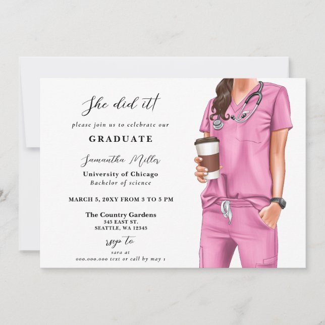 Pink Scrubs Nurse Photo She Did It Graduation Invitation (Front)