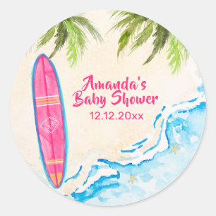 Pink Sea Ocean Surf Plam Tree Beach Baby Shower  Classic Round Sticker