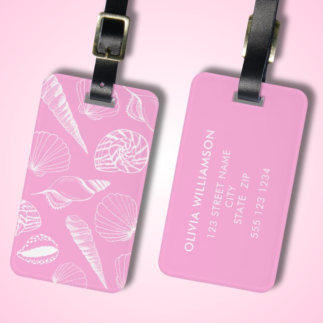 Pink Sea Shell Illustrated Luggage Tag (Pink sea shell illustrated luggage tag with personalized address details to rear.  )