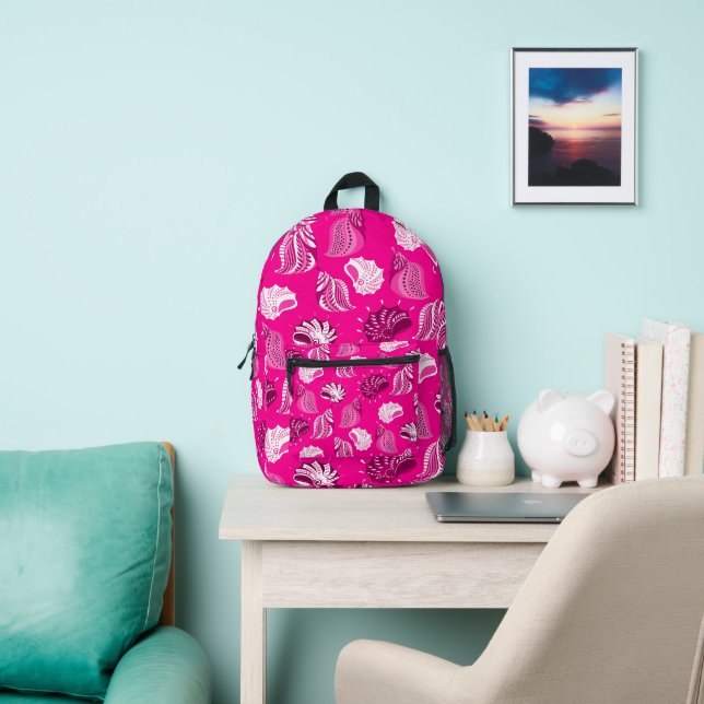 pink sea shells beach ocean printed backpack (Insitu)