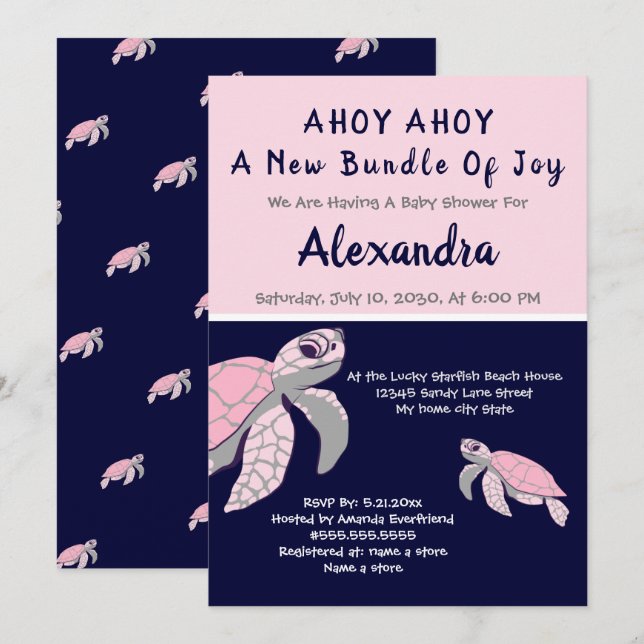 Pink  Sea Turtle Navy Nautical Girl Baby Shower  (Front/Back)