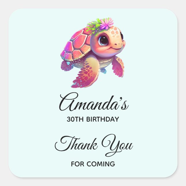 Pink Sea Turtle Whimsical & Cute Birthday Square Sticker (Front)