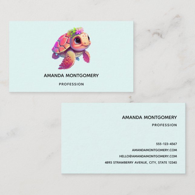Pink Sea Turtle Whimsical & Cute Business Card (Front/Back)