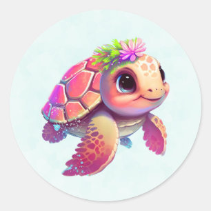 Pink Sea Turtle Whimsical & Cute Classic Round Sticker