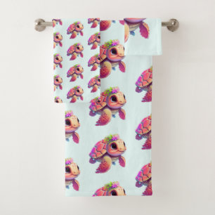 Pink Sea Turtle Whimsical & Cute Patterned Bath Towel Set