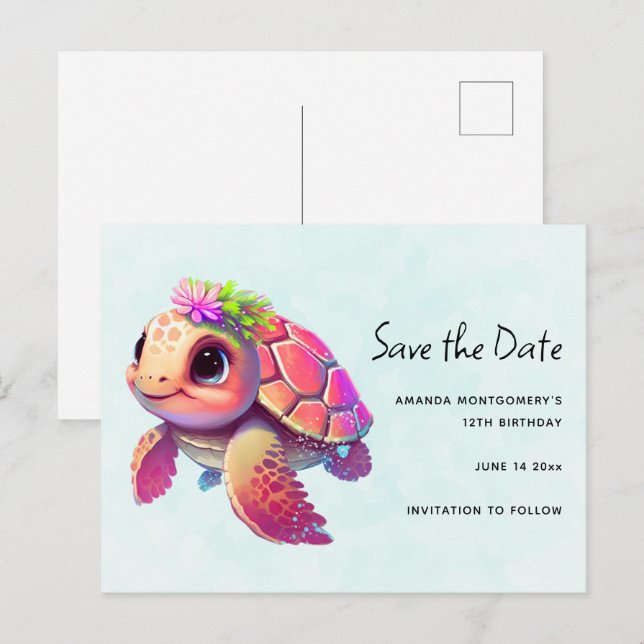 Pink Sea Turtle Whimsical & Cute Save the Date Invitation Postcard (Front/Back)