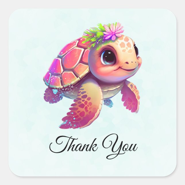 Pink Sea Turtle Whimsical & Cute Thank You Square Sticker (Front)