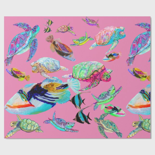 Pink Sea Turtles and Fish Wrapping Paper (Flat)