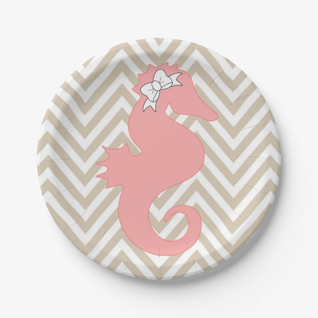Pink Seahorse Beach Theme Paper Plates (Front)