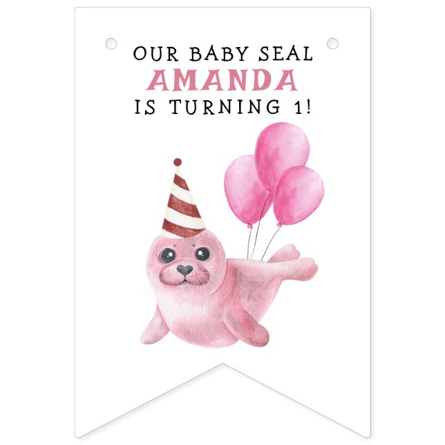 Pink Seal 1st Birthday Under The Sea Bunting Flags (First Flag)