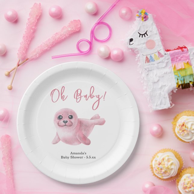 Pink Seal Baby Shower Paper Plate (Party)