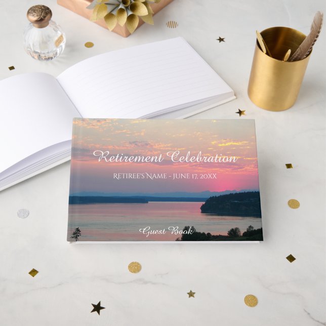 Pink Seascape Sunset Retirement Guest Book (Front Open)
