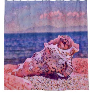 Pink seashell near purple sea watercolor painting 